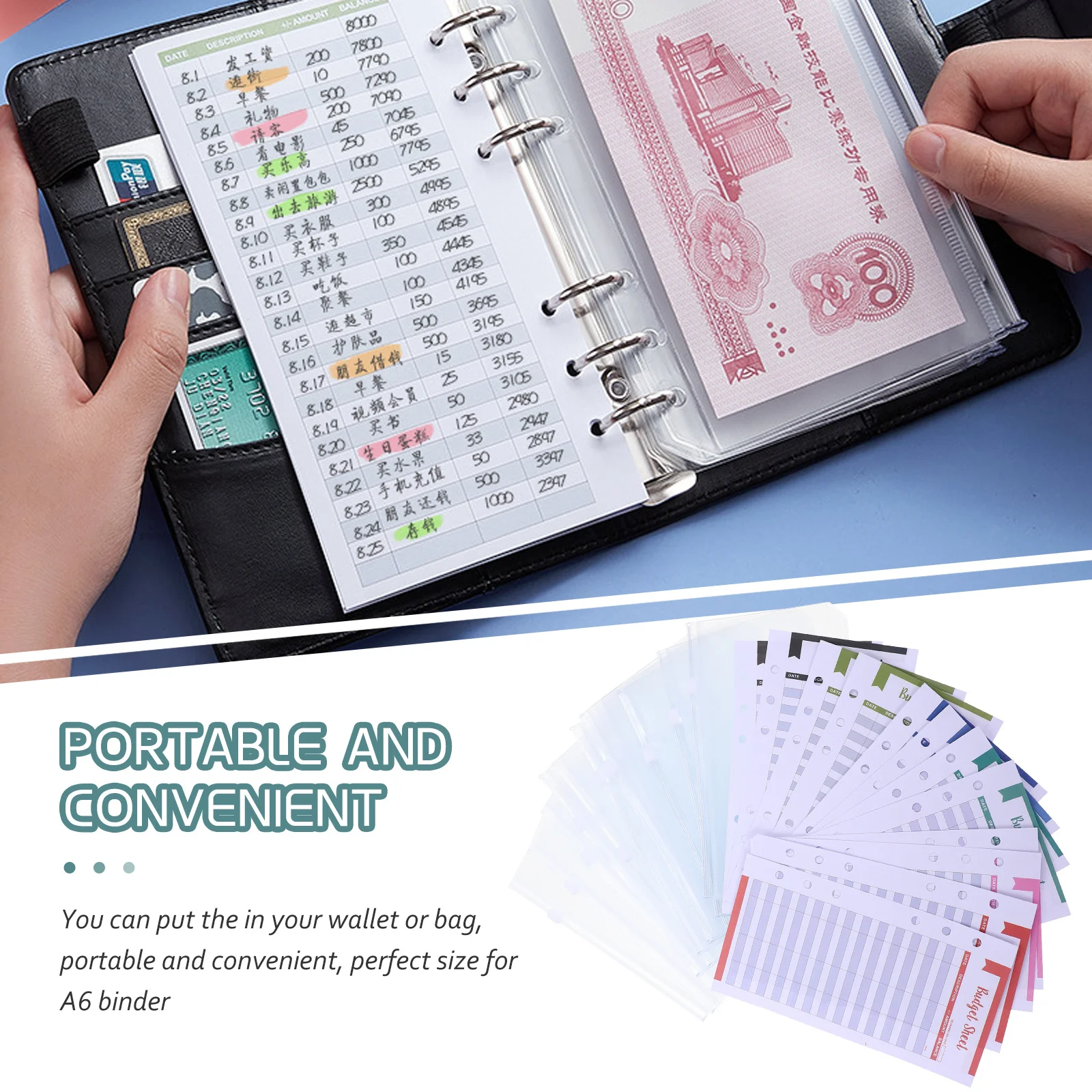 

24Pcs A6 Budget Sheets Budget Binder Inserts PVC Clear 6 Rings Loose Leaf Zipper Binder Pockets Expense Inserts