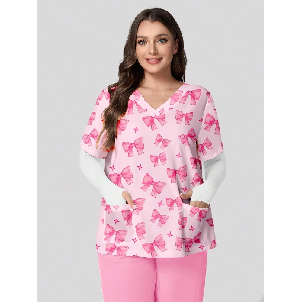 ハートプリント V ネックストレッチ医療制服女性のためのカジュアル半袖パッチポケットトップススクラブ医療制服女性