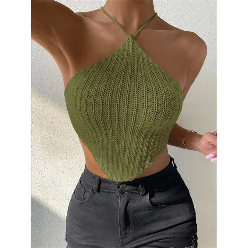 

Sexy Spicy Girl Backless Lace Up Halter Knitted Tank Top 2024 Summer Female Clothes Women's New Fashion Bandeau Sweater