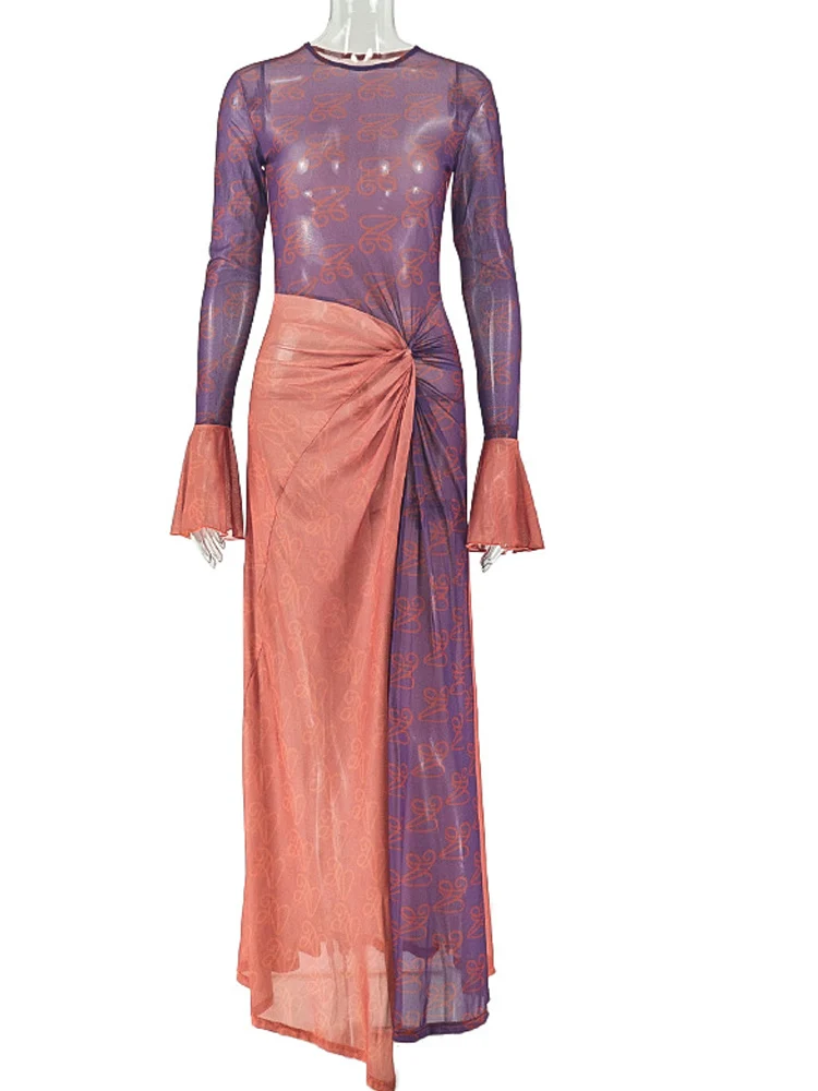 فستان ماكسي نسائي مثير من Kricesseen بقماش شفاف متدرج مطبوع بفتحة عالية وأكمام مضيئة وكفة ملتوية مكشكشة فستان ملهى ليلي #2