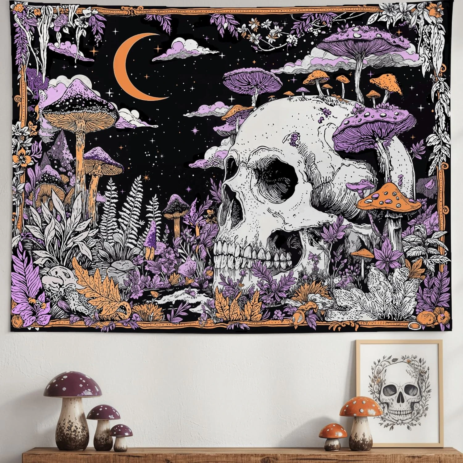 VIKAMA Gothic Totenkopf-Pilz-Wandteppich, Lila-Orange, Pflanzen, Halbmond, Sternenhimmel, Wandbehang für Hexen-Schlafzimmer und Wohnheim-Dekoration