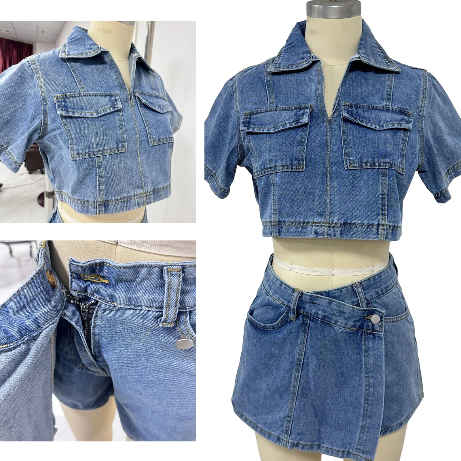 

Women’s 2 Piece Denim Outfits Set Short Sleeve Lapel Neck Cropped Jean Pullover Tops + Button High Waist Asymmetrical Shorts