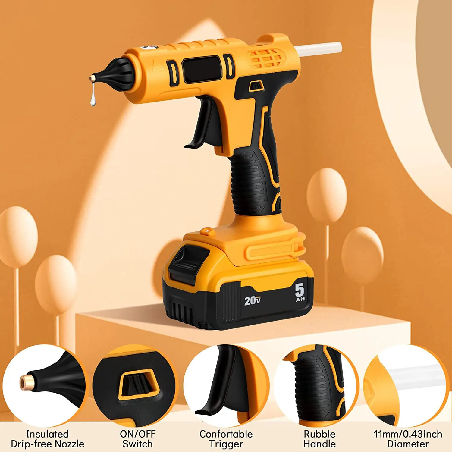 Cordless Electric Handheld Hot Glue Gun Repair DIY Tool Hot Melt Welding Hot Air Gun Anti-scald Nozzle with 12 Sticks for Dewalt