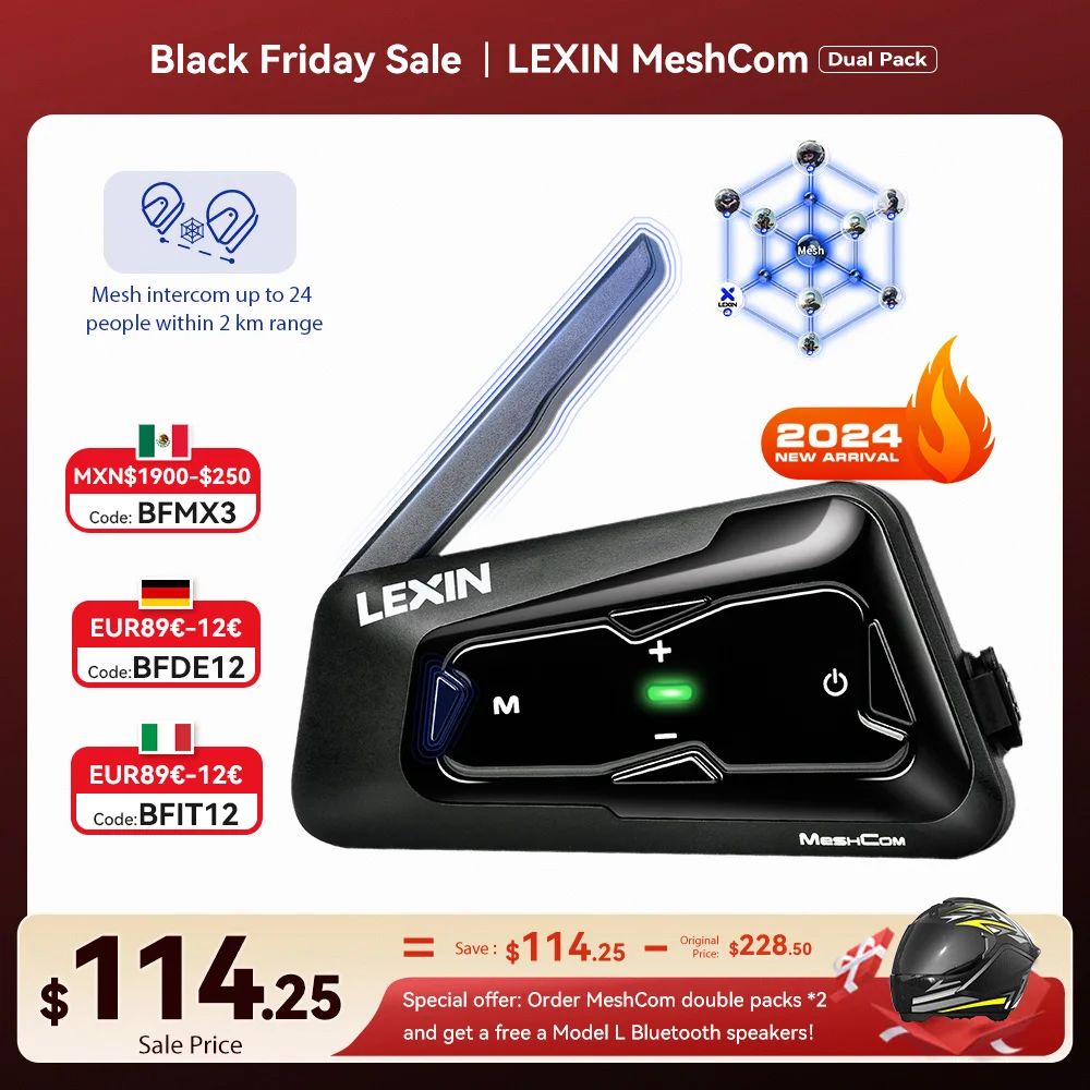 LEXIN-MeshCom Motorcycle MESH&Bluetooth Headset Intercom ,With Mesh Communication System, Parallel Audio- Intercom,24 Riders