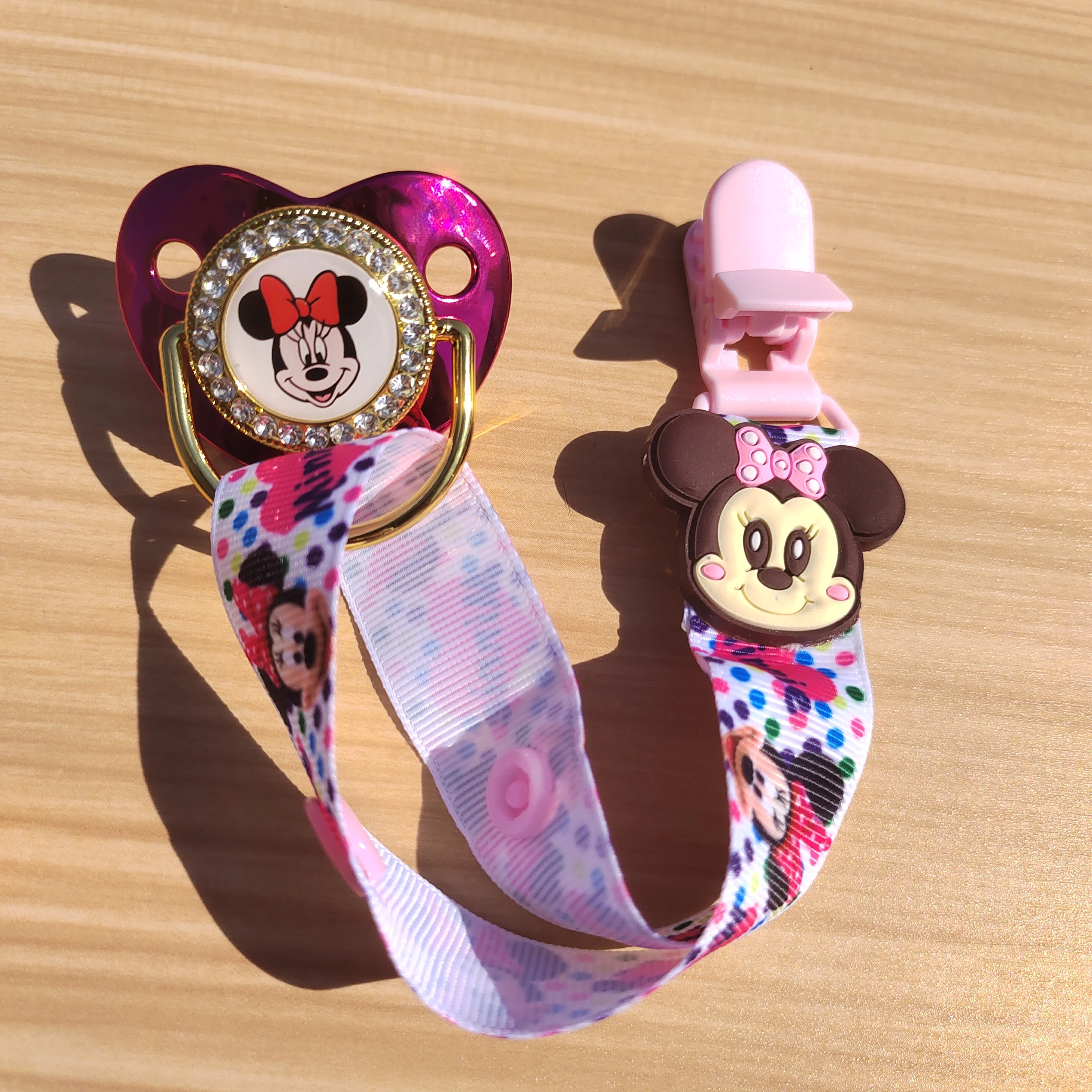 Disney Minnie Mouse Cartoon calico Strip Clip Luxury baby pacifier BPA Free Bling fake pacifier for baby Boys and baby Girls