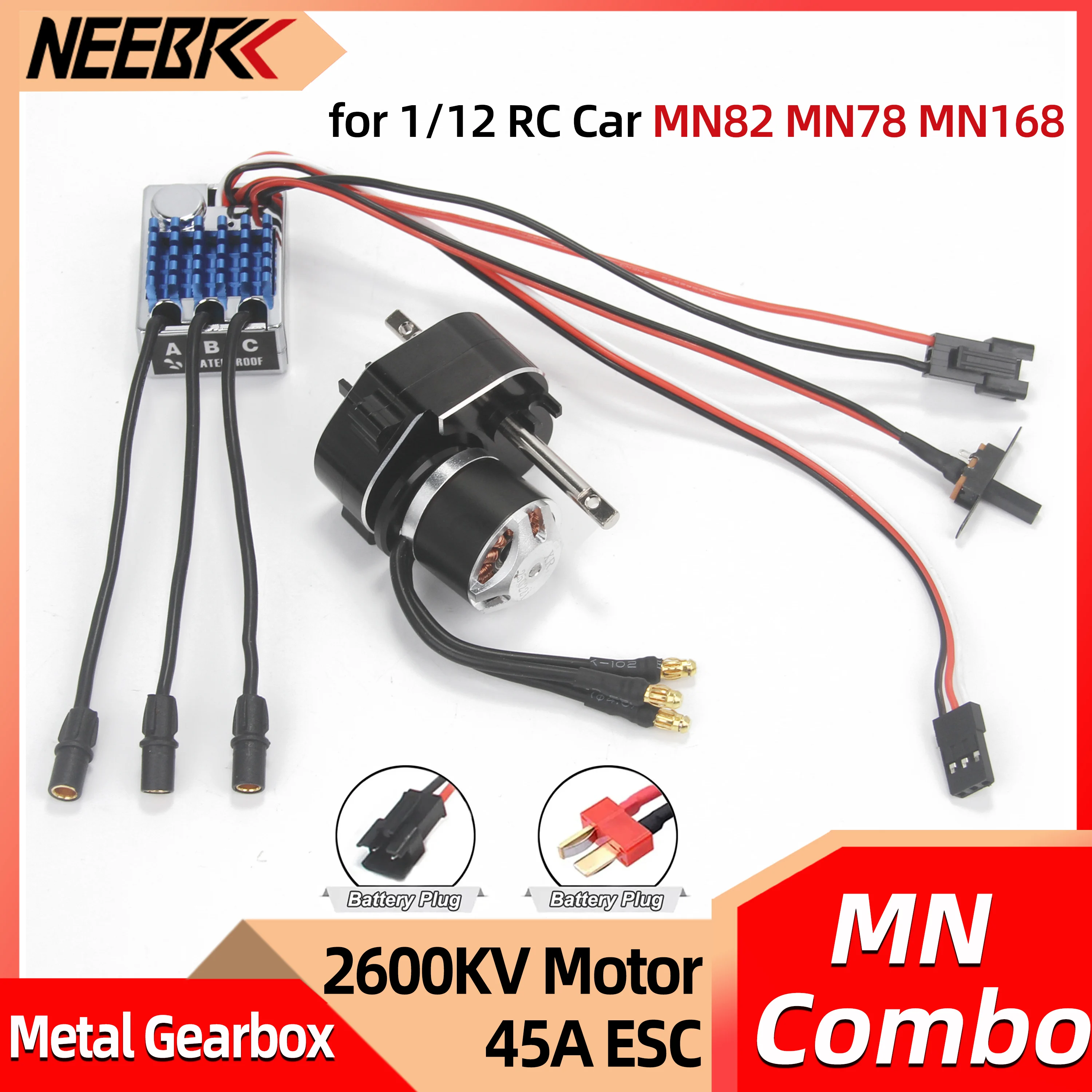 Full Metal Gearbox 2322 2600KV Brushless Motor AM32 45A SM3.0/T Plug ESC Combo for 1/12 RC Car Crawler MN82 MN78 MN168 MN99 MN98