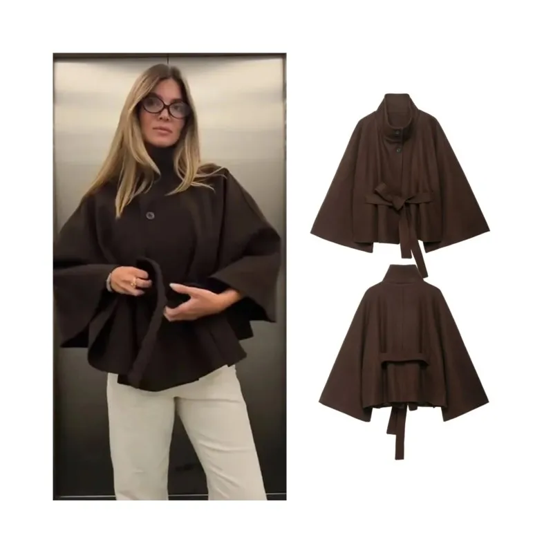 

NERHEFZ Women's Jacket With Belt Casual Vintage Stand Collar Button Short Jacket Wide Sleeve Lady Coats Female Tops