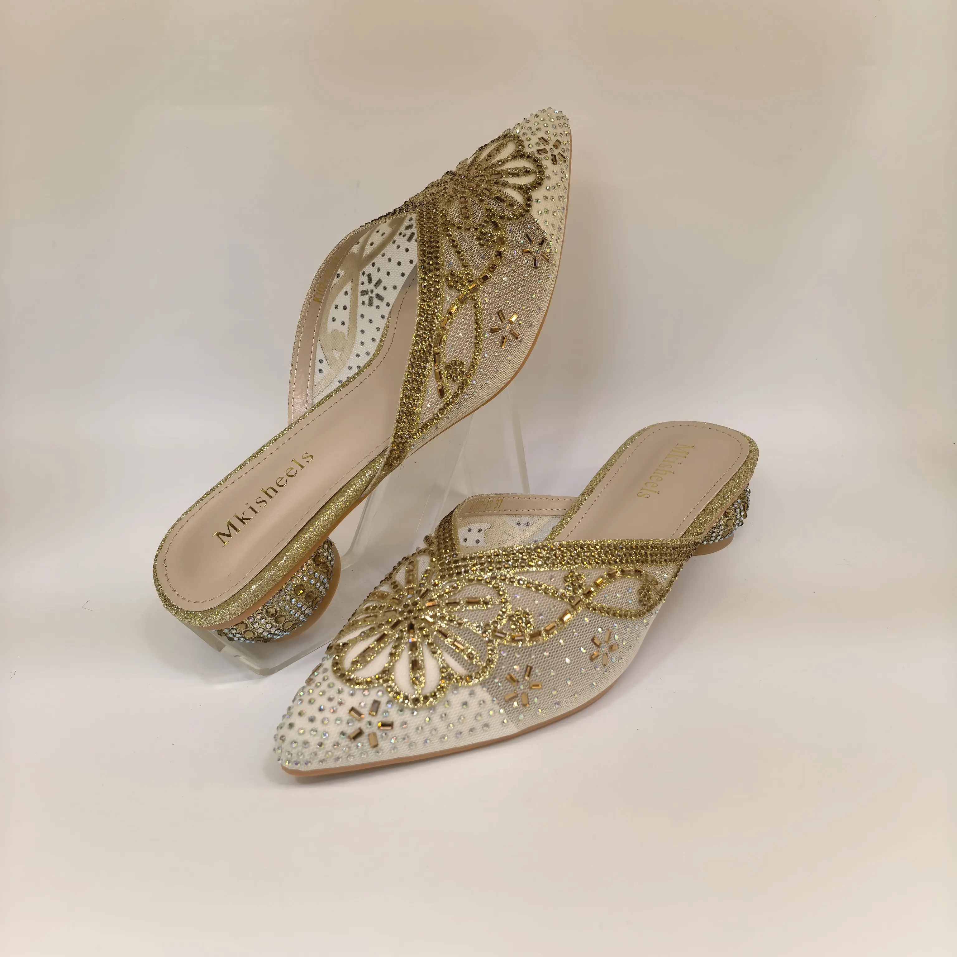 2026 New Women's Crystal-Encrusted Slippers , Net-faced Crystal-Pointed Lady Mid-heeled Rhinestone Slippers Party Shoes F6-925-1