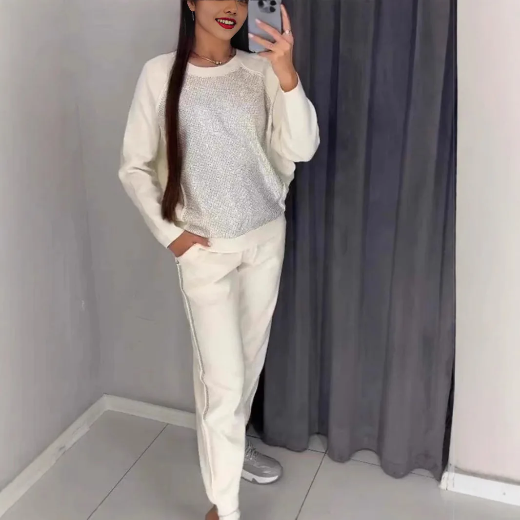 

Casual Hot Diamond Suit Spring New Sports Suit Fashion Round Neck Long Sleeved Pullover Top Elastic Waist Trousers Two Piece Set