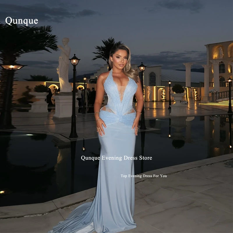 

Qunque Sexy Halter Sky Blue Evening Dresses for Special Occasions Vestidos De Fiesta Elegant Lace Prom Party Dress Customized