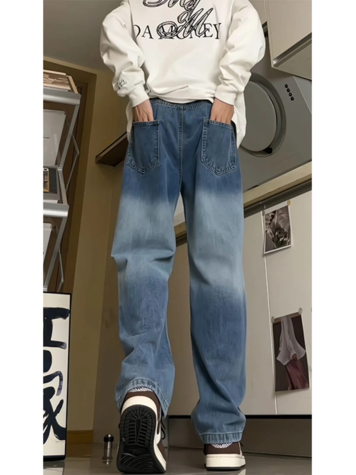 

American Vintage adient Denim Jeans Men's Spring Autumn Loose Straight Wide Leg Casual Trousers Youth Faion Low Waist