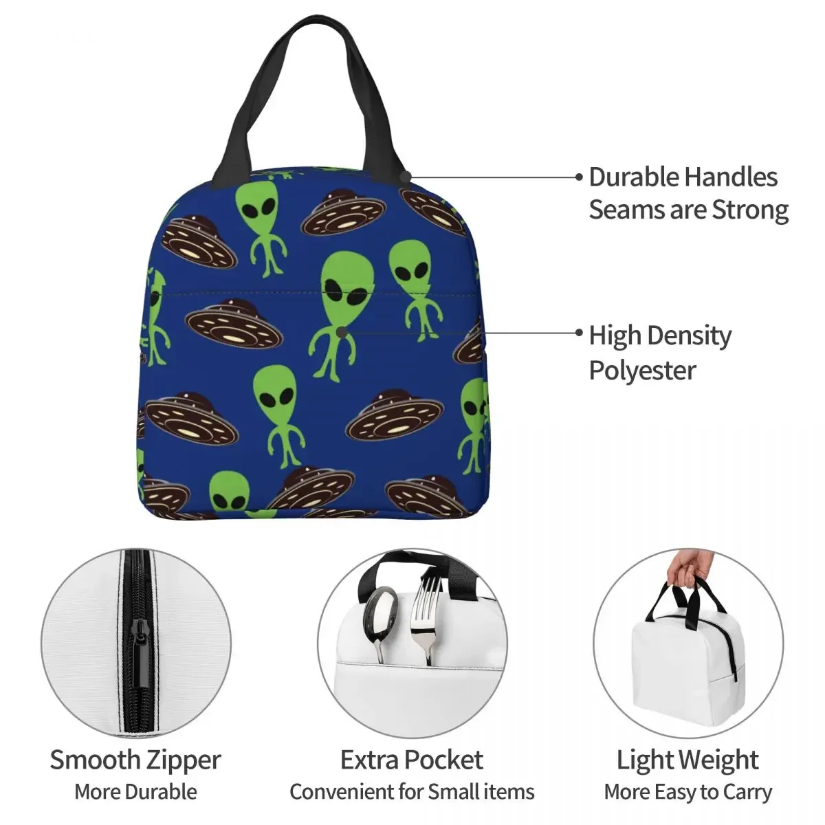 Alien And UFO Lunch Bags Portable Insulated Oxford Cooler Thermal Picnic Travel Lunch Box for Women Children