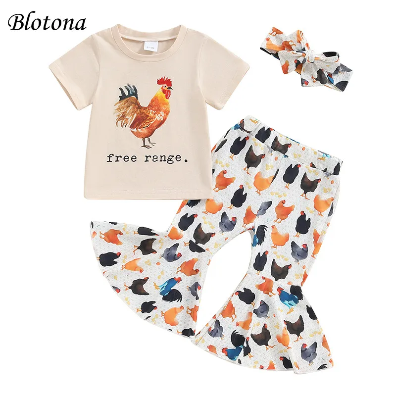 

Blotona Kids Girls Flare Pants Set Adorable Farm Chicken Short Sleeve O-Neck Tops Long Trousers Cartoon Headpiece Outfits 6M-4T