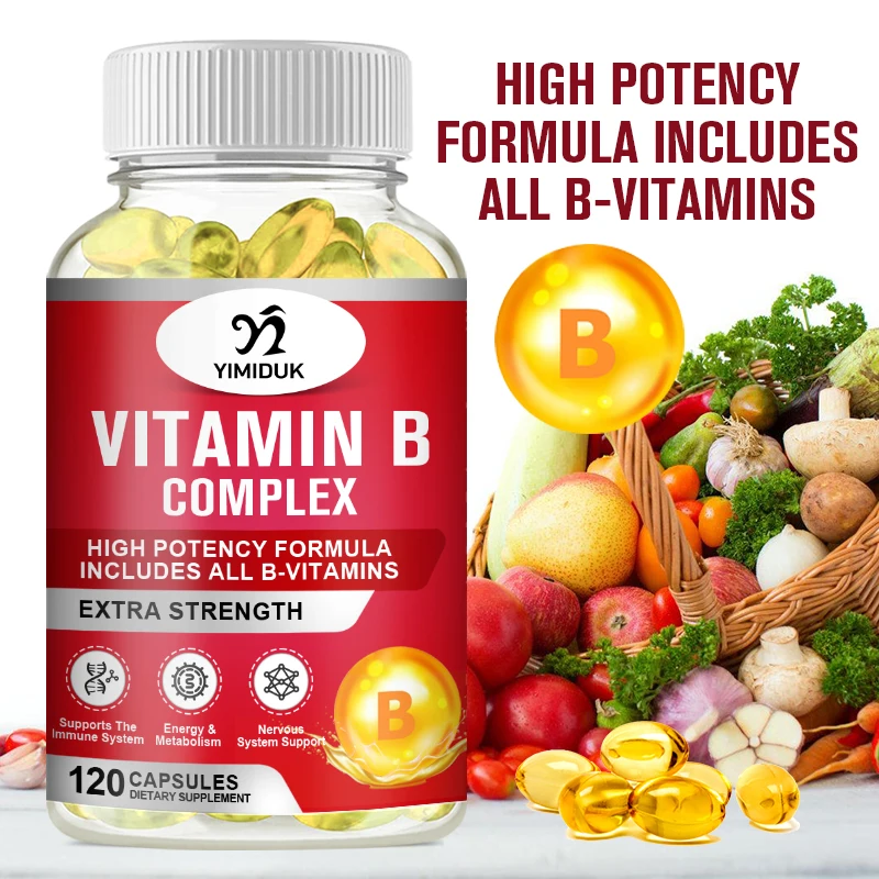 Cápsula de vitamina B compleja (B12, B1, B2, B3, B5, B6, B7, B9, ácido fólico y biotina), Reduce el estrés y apoya mejores estados de ánimo