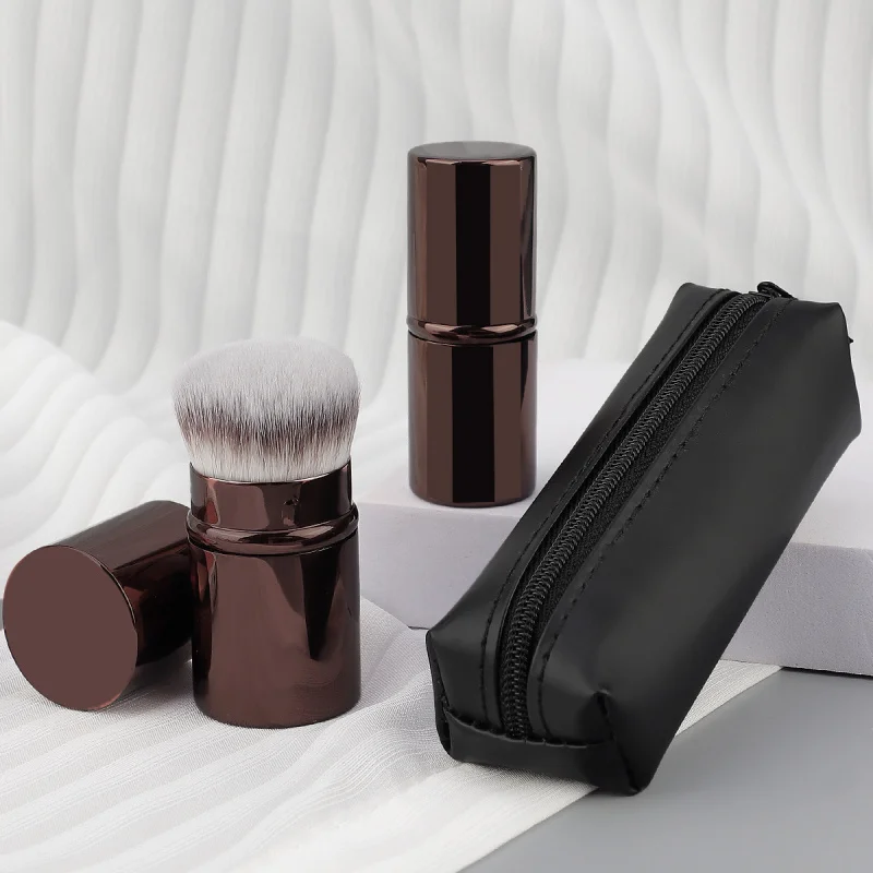 Pinceau de maquillage rétractable à manche court de voyage pratique avec sac à fermeture éclair, brosse de fond de teint multifonctionnelle, brosse à poudre de beauté