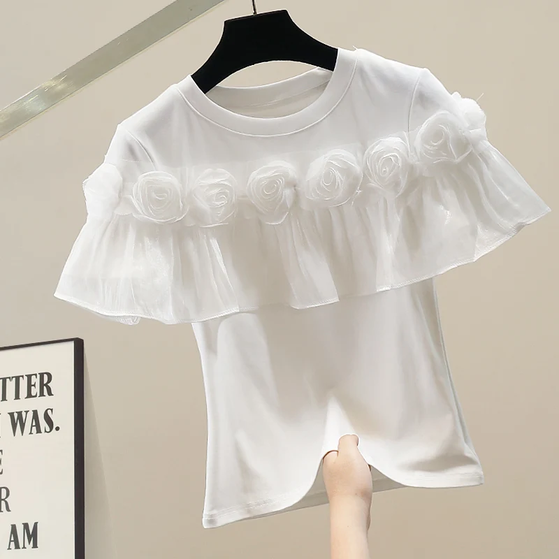 

Faionable Heavyweight Sweet Floral Chiffon Top Women's Slimming Design ort Sve round Ne Plant Floral Print