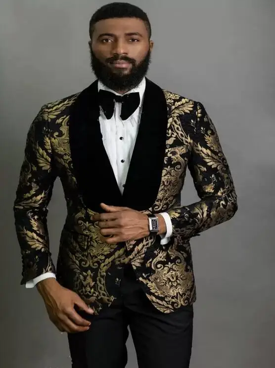 

New Style Paisley Mens Coat Trousers Set Black Shawl Collar Groom Tuxedos Man Work Suit (Jacket+Pants)