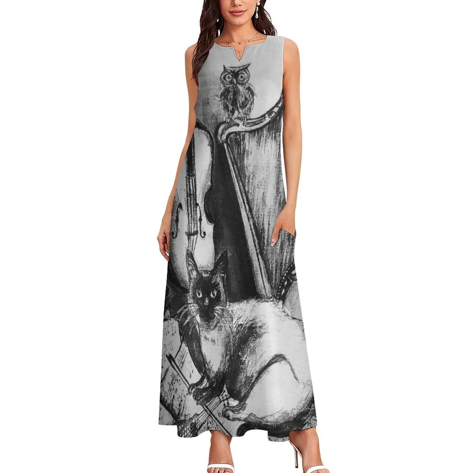 MUSICAL CAT AND OWL WITH MUSIC INSTRUMENTS Black and White Watercolor by Bulgan Lumini Long Dress Bridesmaid dress woman Dress