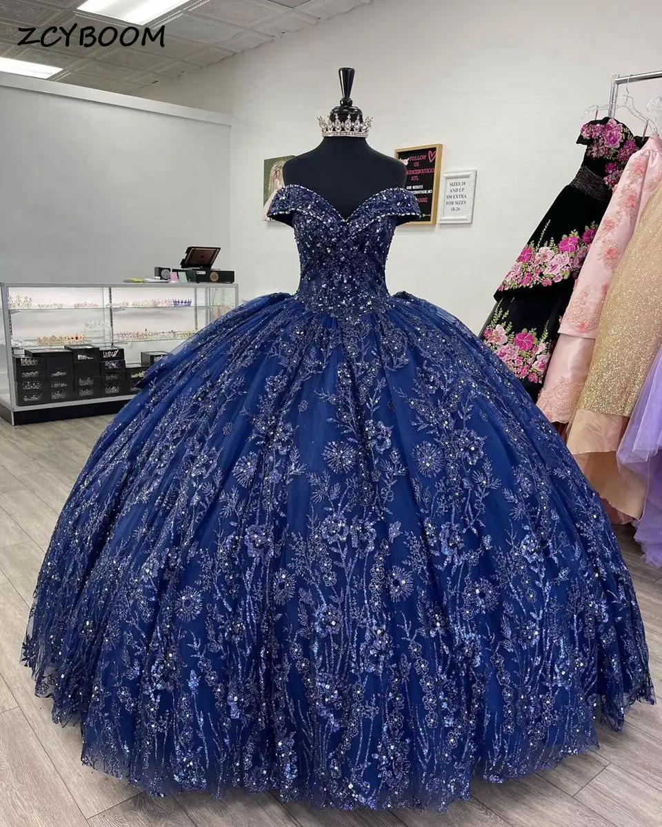 Robe princesse scintillante en dentelle bleu marine, épaules dénudées, adorable robe De bal De 15 ans, collection 2023