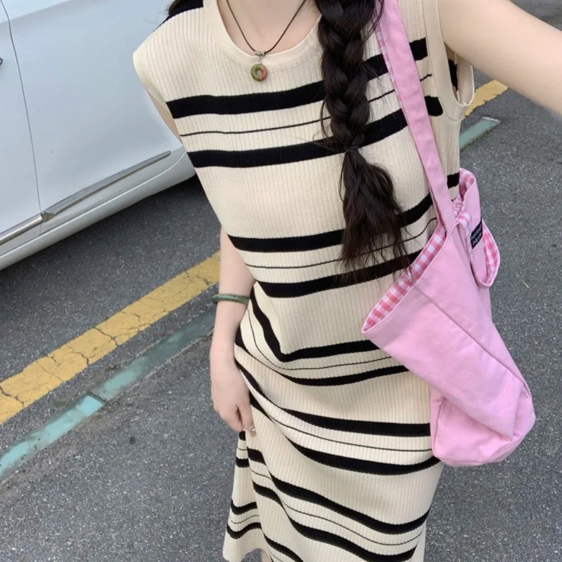 Mid Length Striped Dress Women Vest Dresses Knitted Vestidos Y2k Streetwear Round Neck Sleeveless Elegant Party Work Summer