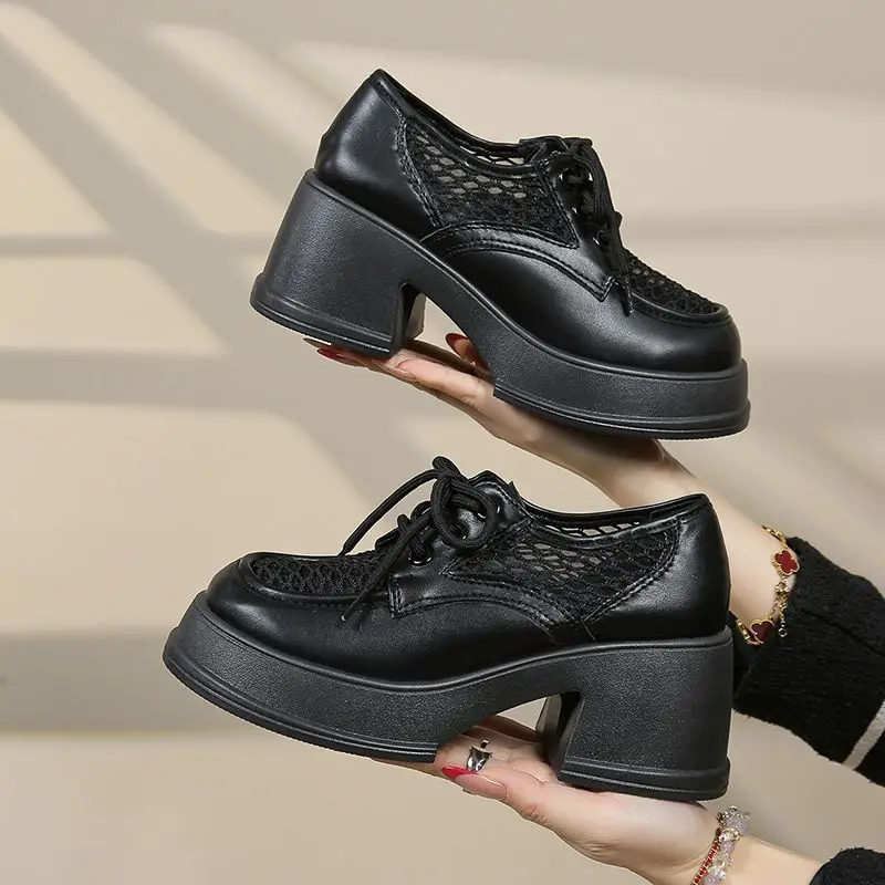 Women's Breathable Summer Loafers Lightweight Perforated Leather 2026 Fashion Thick Sole Elevator British Trendy Casual Shoes