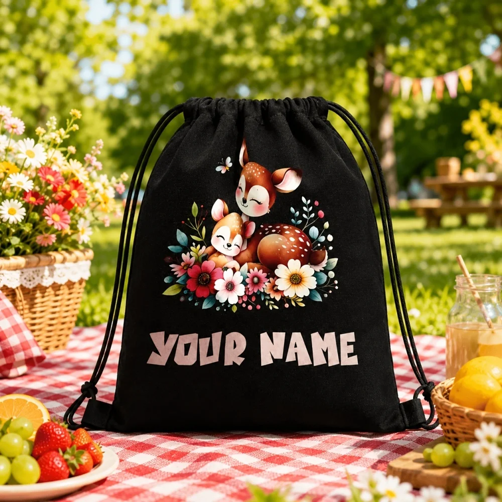 Custom Deer Floral Drawstring Backpack, Personalized Name Soft Washable Drawstring Sack Bag, Lightweight Storage Bag for Kids