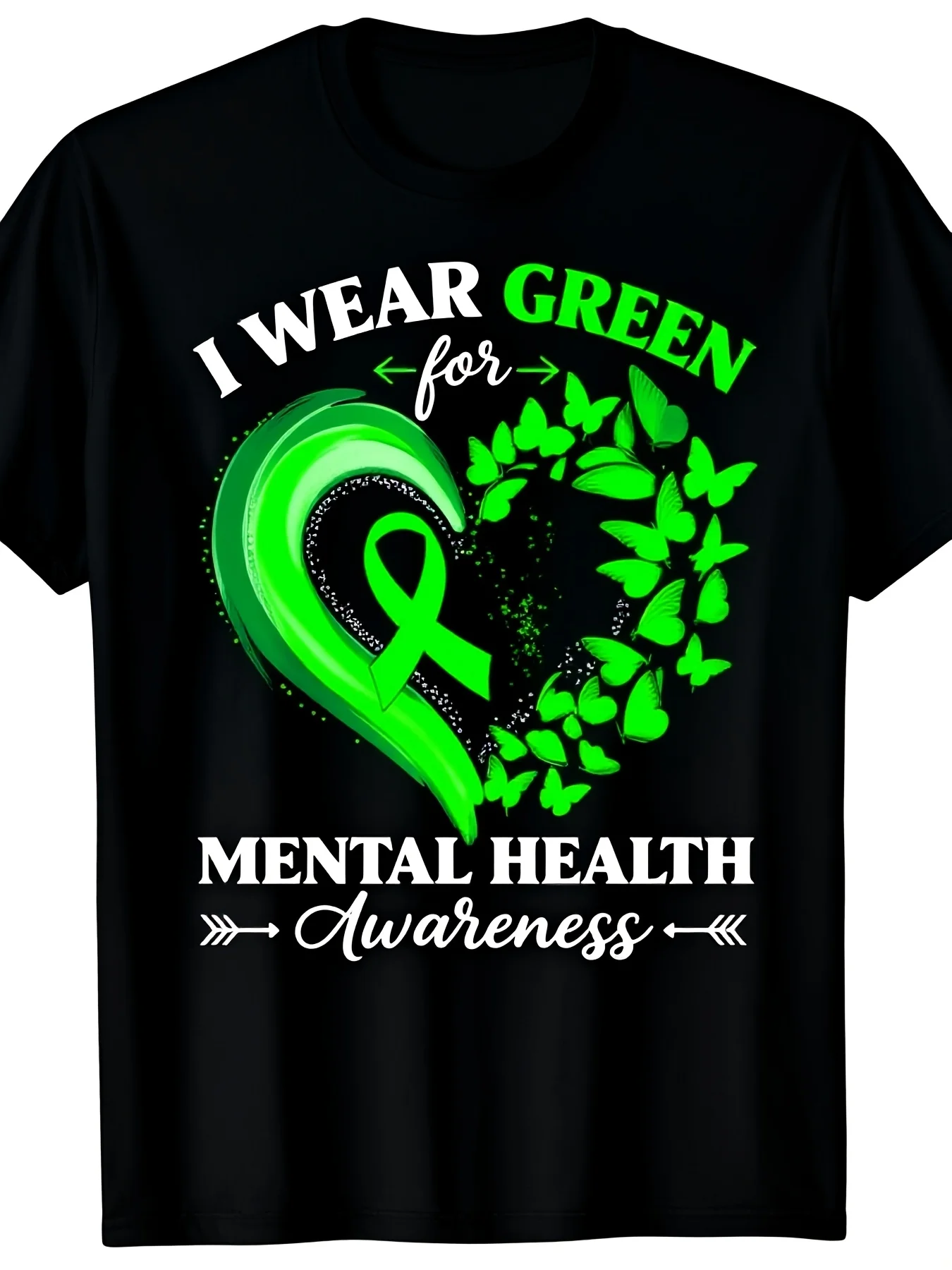 I Sport a Green TShirt to Promote Mental Health Awareness Featuring a Green Ribbon And Butterfly Heart Design This Unisex Black And Green Heavyweight Tee Is Made of Sm Fabric Symbolizing4pure Cotton Breathable Sweat-wicking and Soft Suitable