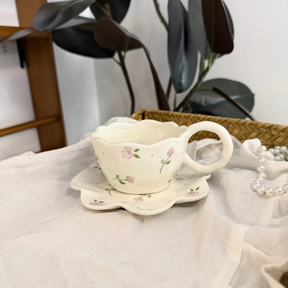 Exquisite Ceramic Coffee Cup and Saucer Set Floral Butterfly Print Cups Irregular Flower Shaped Dish Afternoon Tea Drinkware