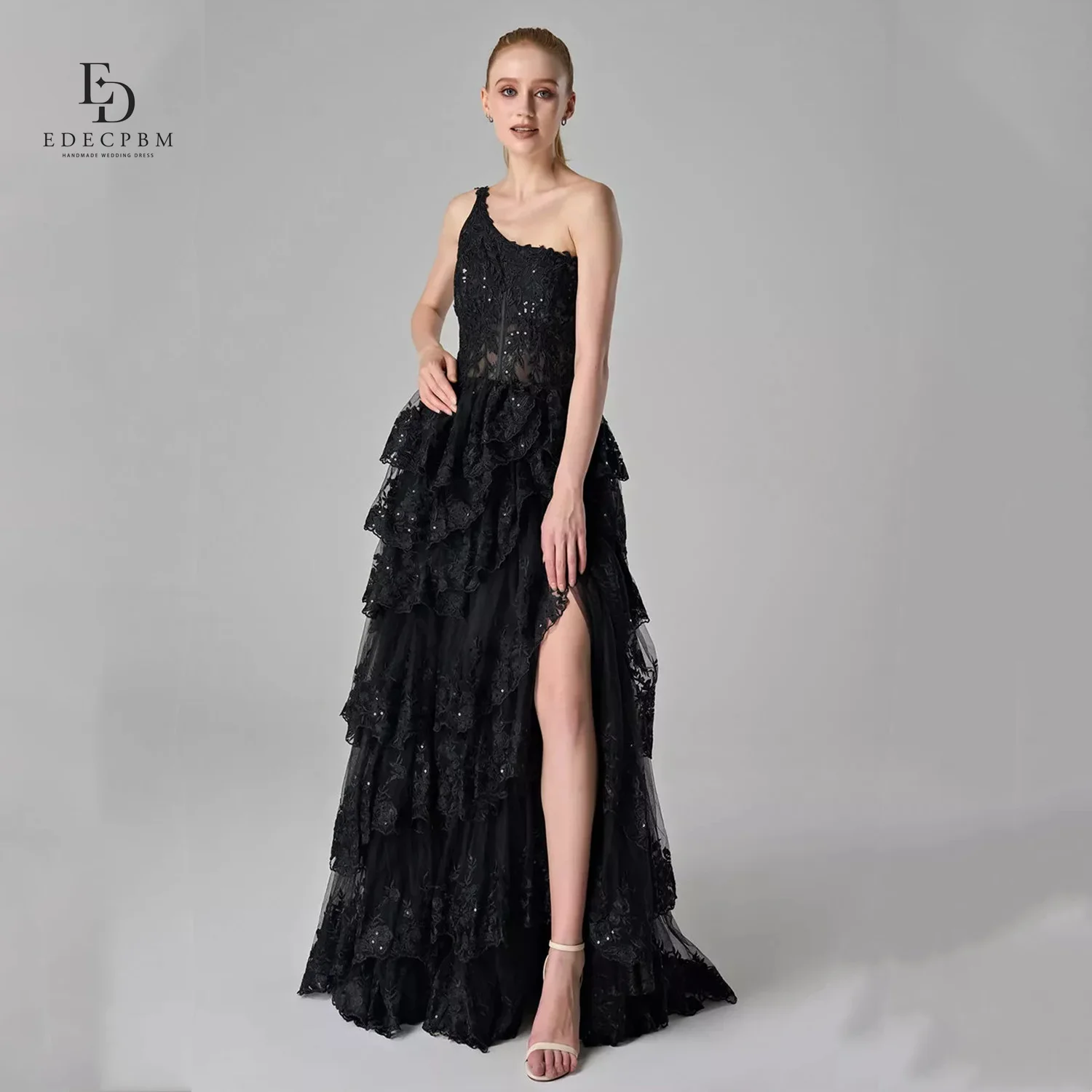 

EDECPBM Vestidos De Festa Свадебные платья для вечеринок Черное платье по индивидуальному заказу فساتين سهرة Платье для выпускного вечера на одно плечо с многослойным боковым разрезом