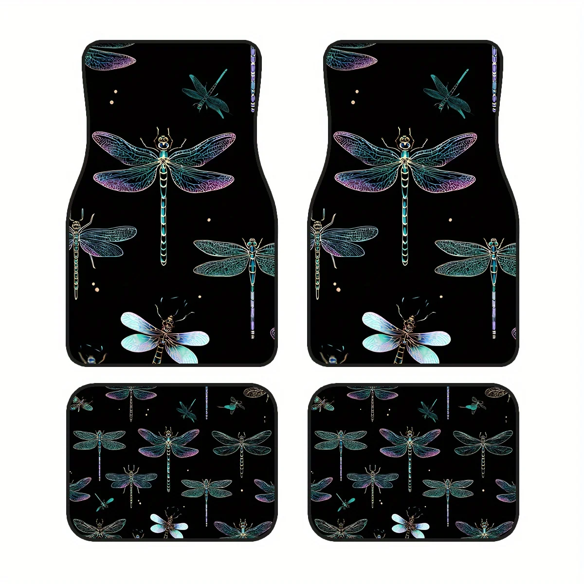 4pcs Non-Slip Polyester Car Floor Mats With Colorful Dragonfly Design, Fit For Sedans & SUVs, Durable All-Weather Protection & S