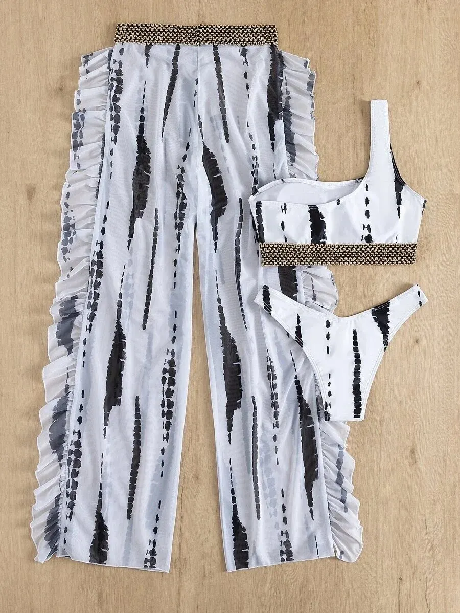 Costume da bagno Bikini monospalla con stampa Allover e pantaloni copricostume costumi da bagno bagnanti femminili costume da bagno estivo Beachwear