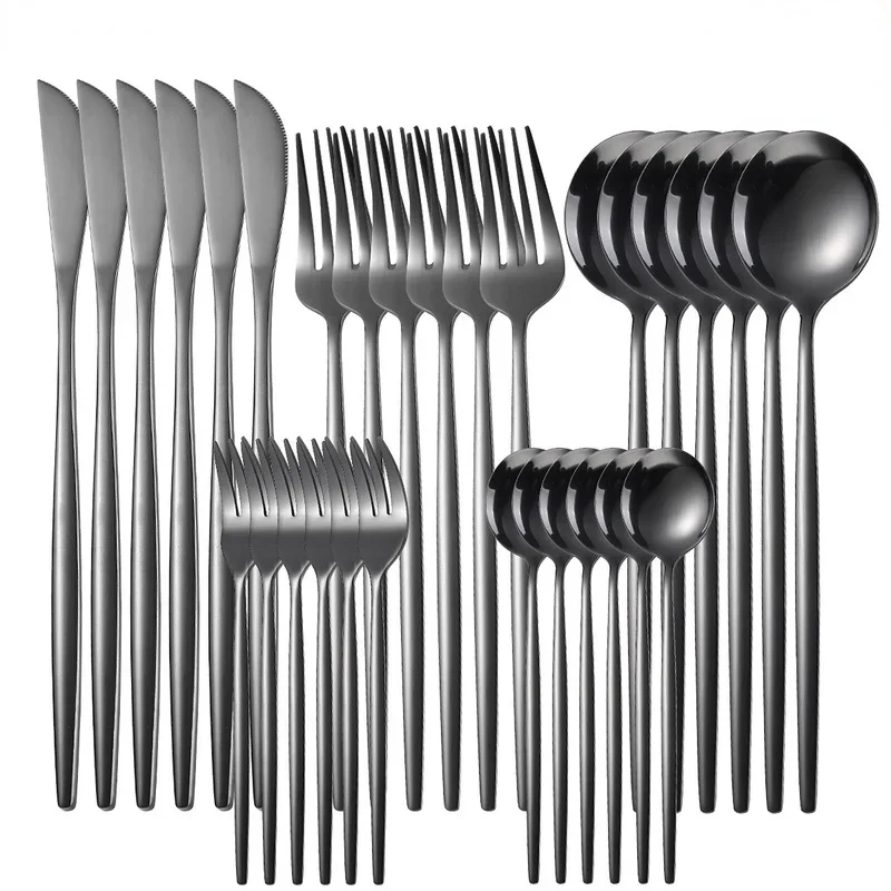 Western Cutlery Set 30 Piece Tableware Set Stainless Steel Dinnerware Black Spoon Fork Knife Dinner Set Complete Home Flatware