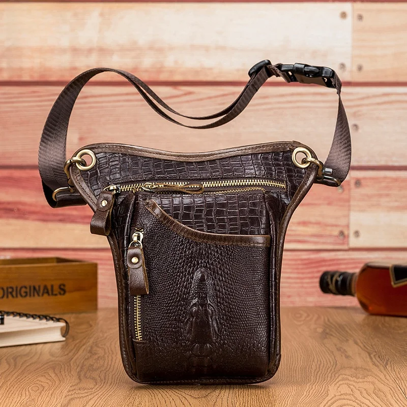 Vintage Style Genuine Top Layer Cowhide Leather Small Crossbody Motorcycle Riding Leg Strap Bag Alligator Pattern Waist Bag