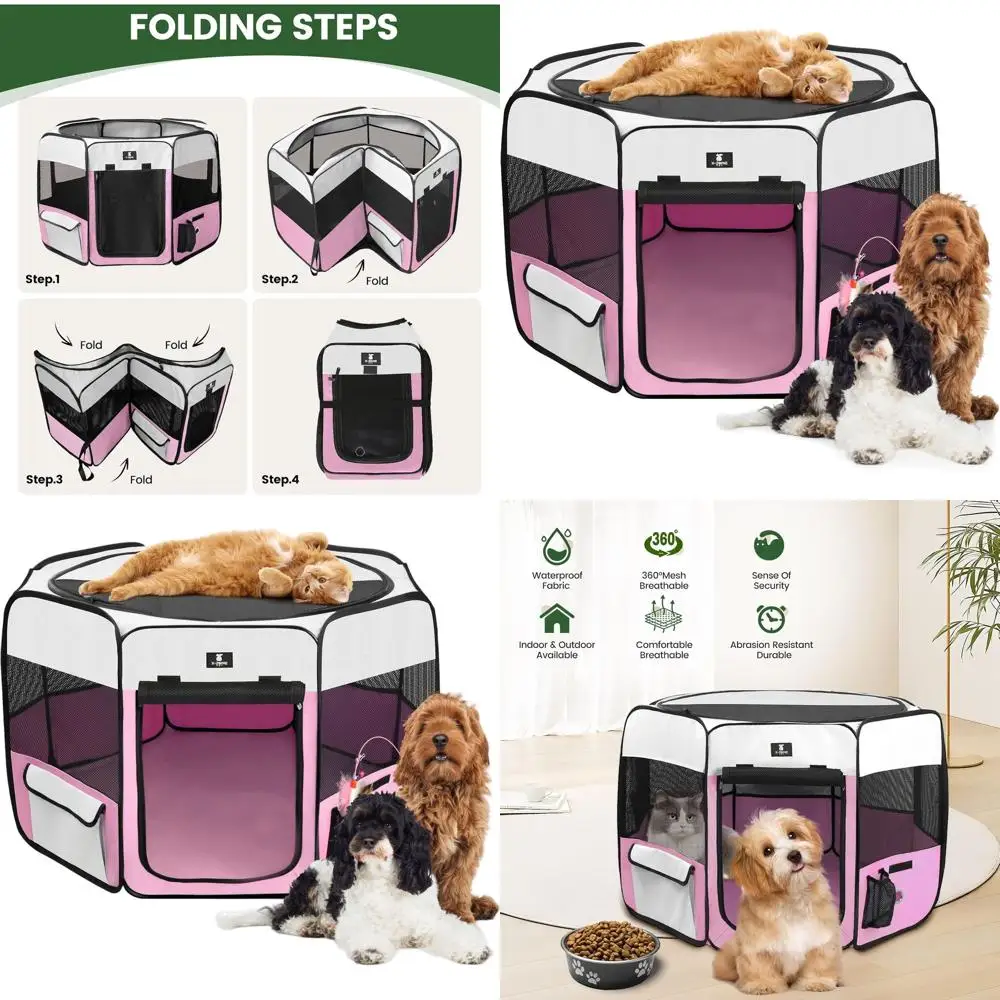 

Portable Pet Playpen for Dogs, Puppies, Cats, Rabbits, Chicks - Large Exercise Play Tent, Indoor/Outdoor, Travel-Friendly, Pink