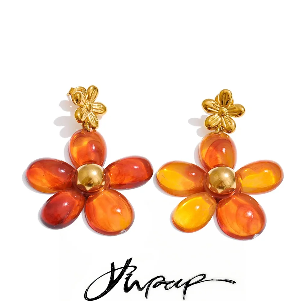 Yhpup Harz-Blumen-Tropfen-Ohrringe für Damen, Edelstahl, Modeschmuck, bernsteinfarben, weiß, cyan