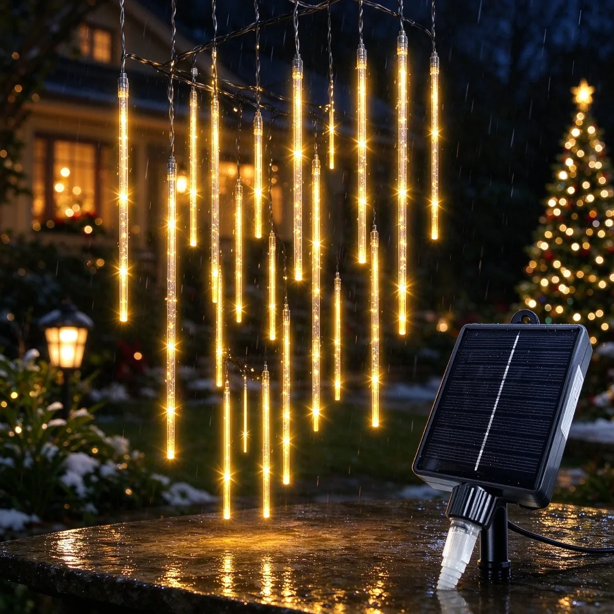 Solar Meteor Shower Lights Outdoor 10 Tubes Waterproof LED Falling Rain Fairy String Lights for Christmas Halloween Garden Decor