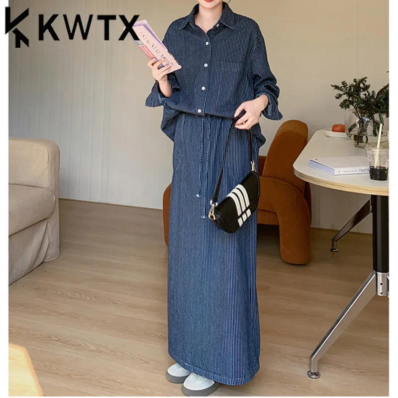 

KWTX 2025 Summer Striped Denim Shirt & Skirt Set Women's Fashion Tie Waist Two Piece Outfit Casual Chic Dress