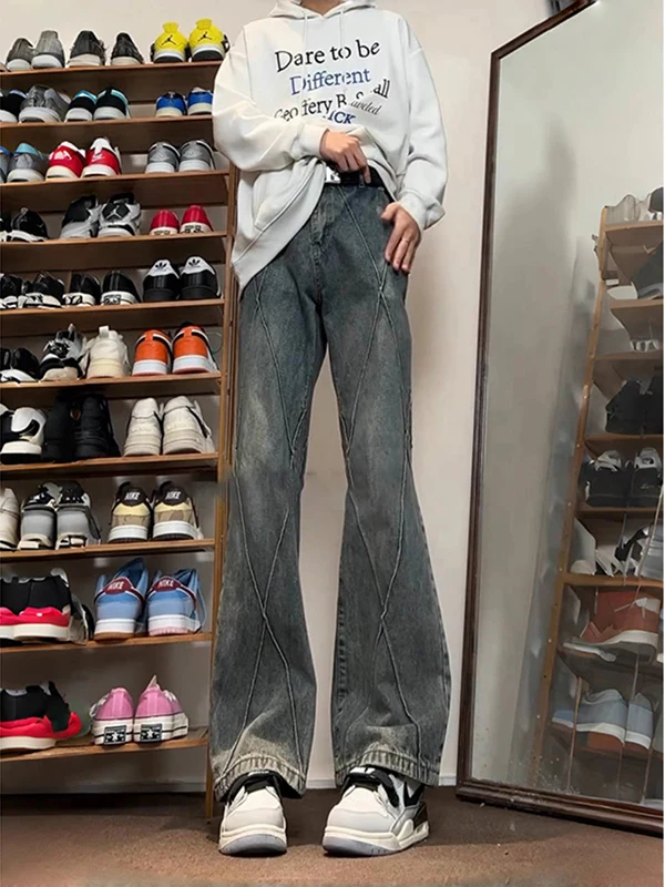 

Retro Blue Deconstructed Patchwork Men's Straight Leg Jeans Slimming High Street Sle Spring Faion Youth Trend
