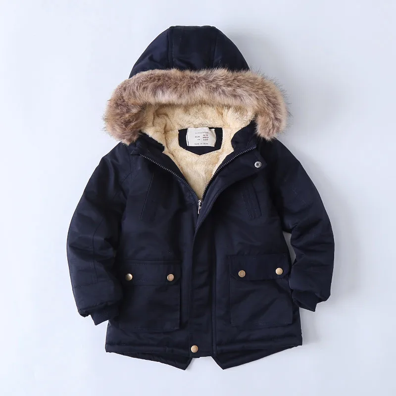 3-12 Years Winter Warm Boys Jacket Big Fur Collar Padded Linning With Velvet Thick Hooded Heavy Coat For Kids Children Outerwear