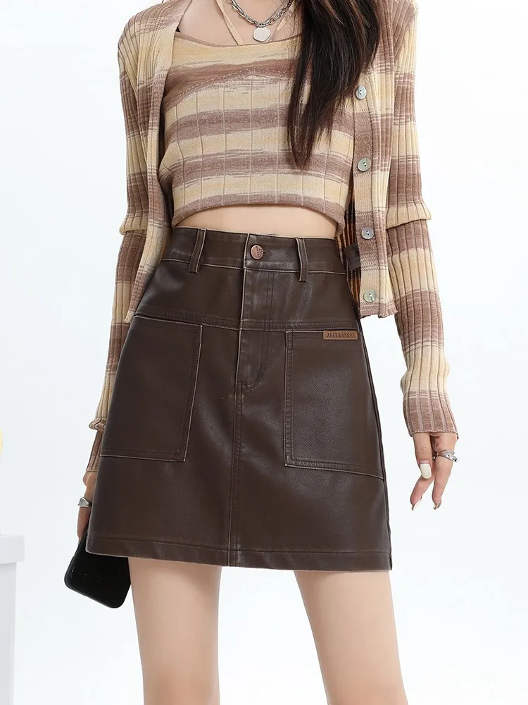 

Autumn and Winter PU Leather Skirts Women's Short High Waist Slim A-line Wrapped Hip Skirt