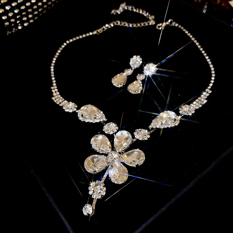 Grote waterdruppel bloem ketting oorbellen set glanzende vol strass ketting voor vrouwen bruids bruiloft sieraden sets