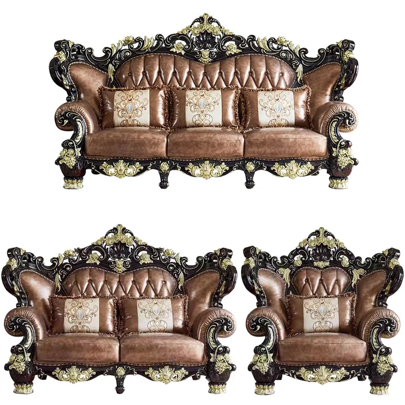 

Leather sofa solid wood double-sided carved European combination