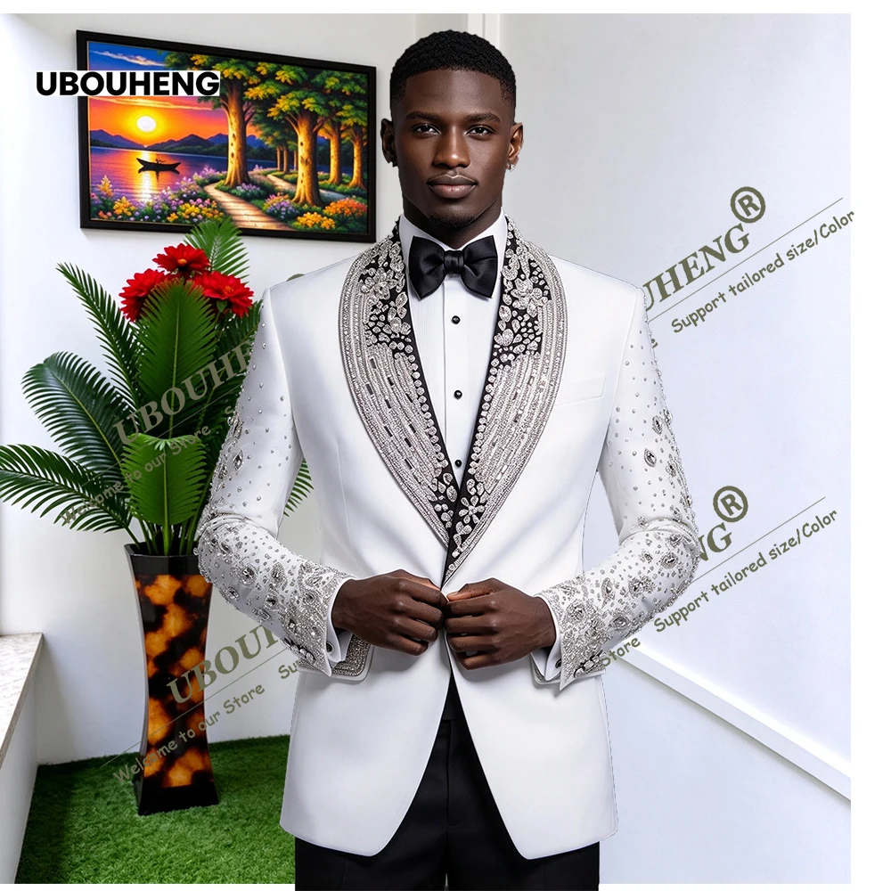 Nobel Men's Suit For Wedding Sparkly Crystals Stones Lapel Prom Blazer With Black Trousers 2 Pieces Man Business Party Tuxedos