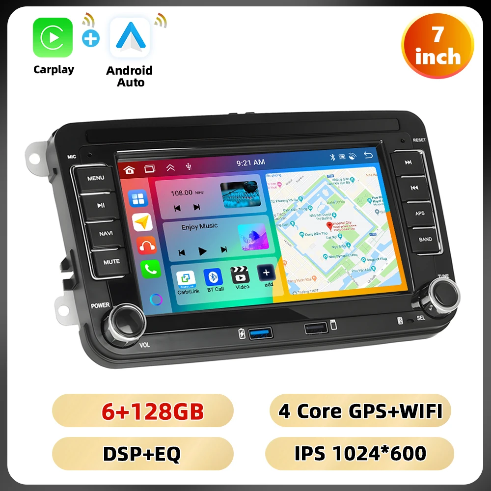 Podofo 7 ''6 + 128G Autoradio Voor VW/PASSAT/GOLF/SCIROCCO Multimedia Speler navigatie Carplay Android Auto WIFI BT RDS Auto Audio