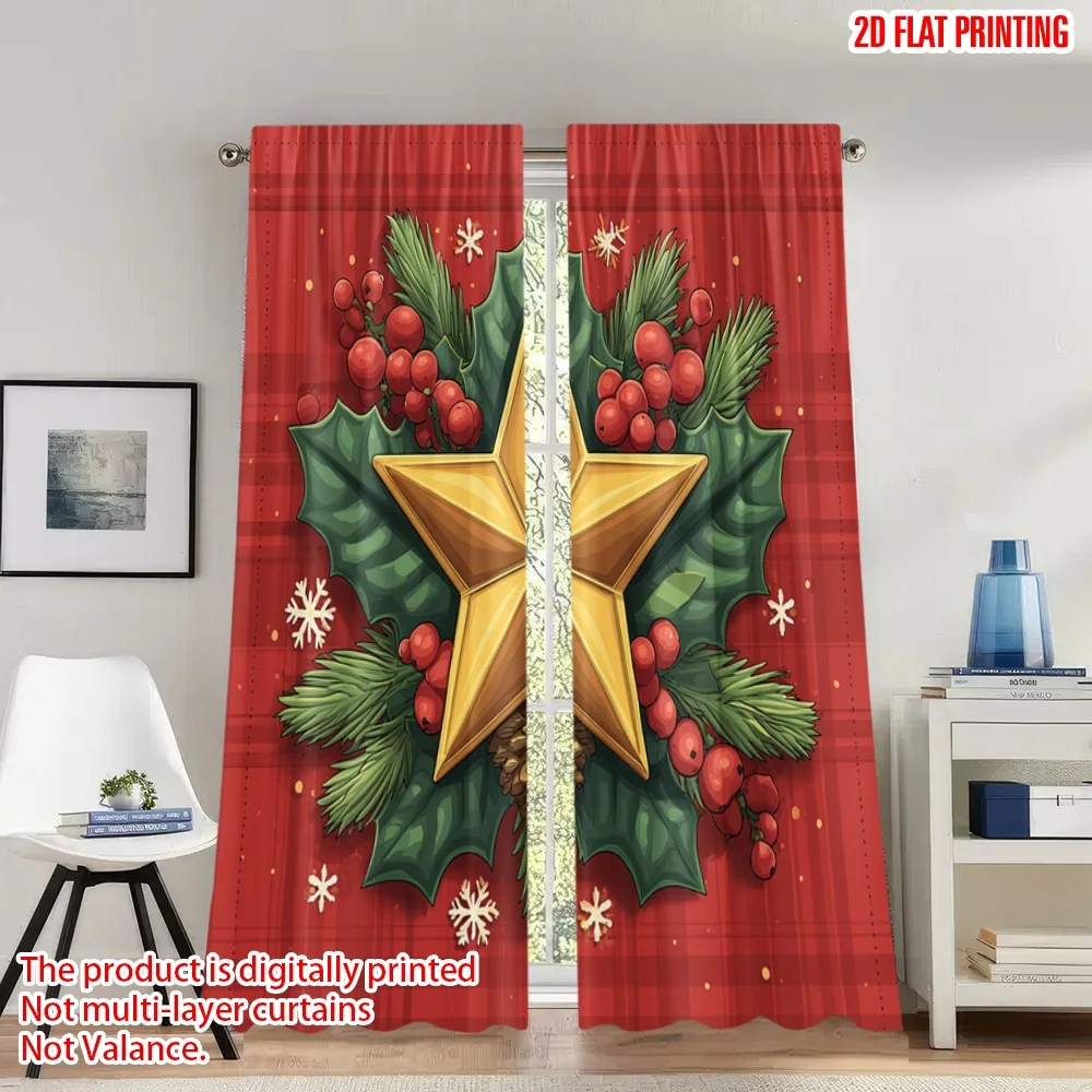 

2pcs 2D flat printing Christmas Curtains Christmas Star Holly Berries Digital Printed Polyester Drapes Party Decorations Use for