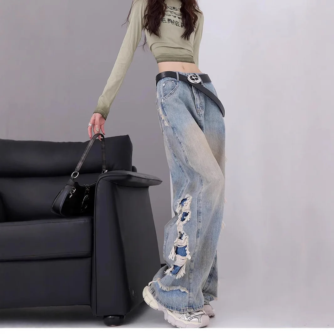

Spring Distressed Tassel Splicing Wide-leg Ripped Jeans Women's Drape Loose And Thin Floor-mopping Trousers Casual Versatile