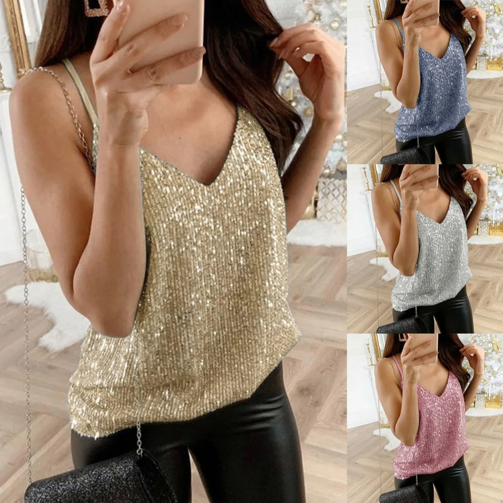 Womens Glitter Strappy Tank Tops Ladies Sexy Cami Solid Swing Vest Clubwear New 2024