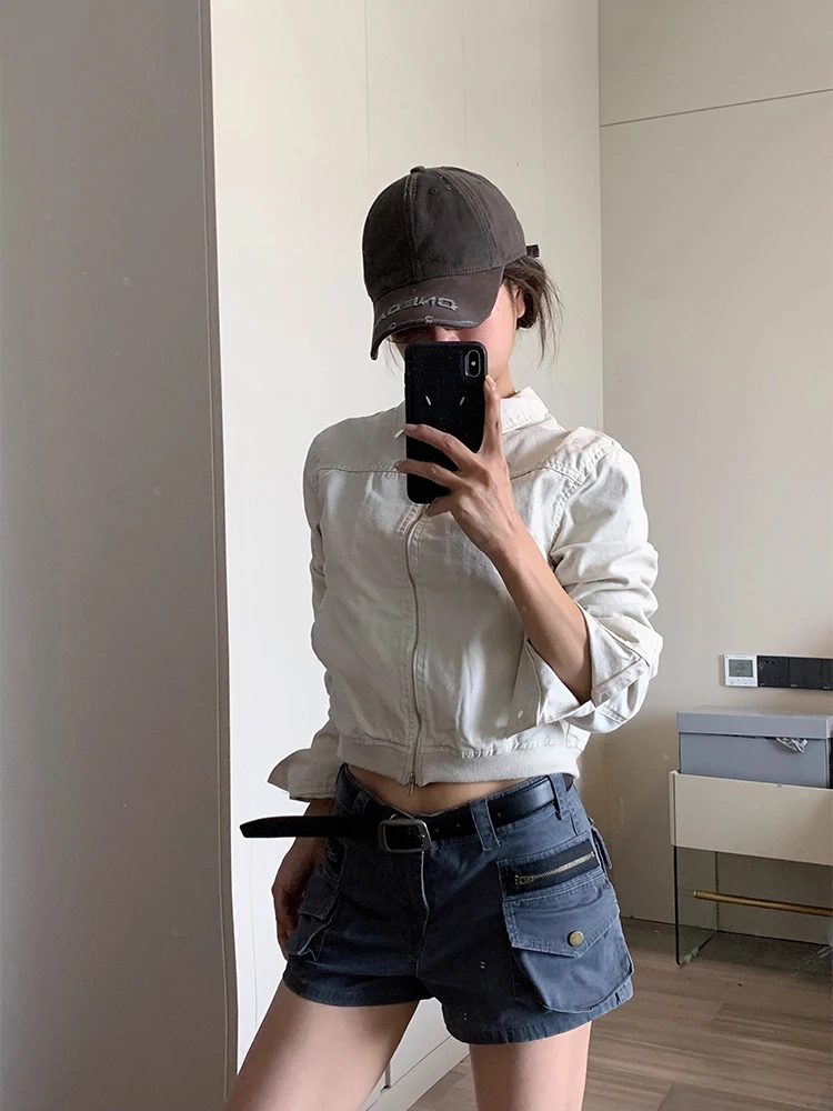 레다치 아큐비 패션 로우 웨이스트 데님 반바지 신상 트렌디 그레이 캐주얼 카고 포켓 타이트 부티 팬츠 핫 썸머 여성 워크웨어