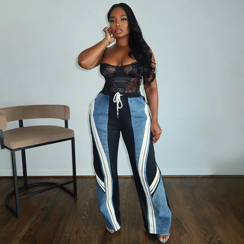 الدنيم المرقعة البضائع السراويل عالية الخصر Y2K الشارع الشهير 2025 النساء الشتاء موضة الملابس بنطلون مثير أنيقة مضيئة جان السراويل #1