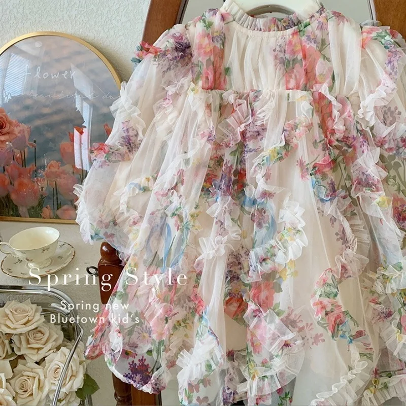 New Spring Autumn Dress O-neck Long Puff Sleeves Mesh Loose Floral Appliques Princess Dresses Children  Casual Dresses H3100